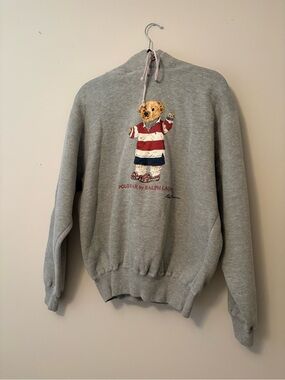 Vintage 90s Polo Ralph Lauren Polo Bear Hoodie- Grey- Medium- Made in Hong Kong